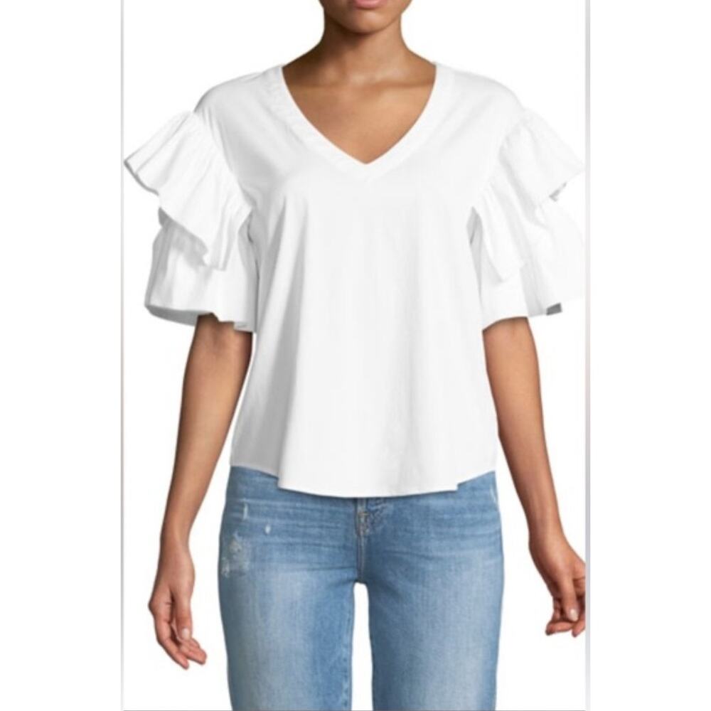 7 For All Mankind Pleated Ruffle Sleeve Blouse Size Medium White Preppy Office